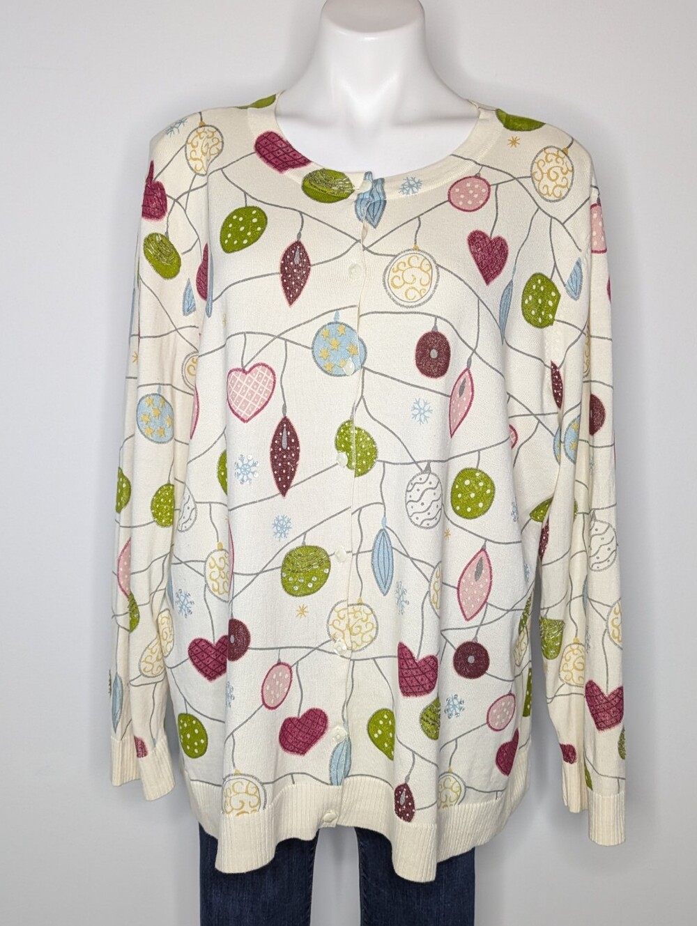 CJ Banks White Green Red Christmas Ornament Beaded Cardigan Sweater 2X